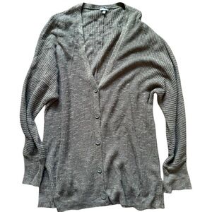 A153- Grey/green knit cardigan, front buttons, ribbed details, relaxed fit